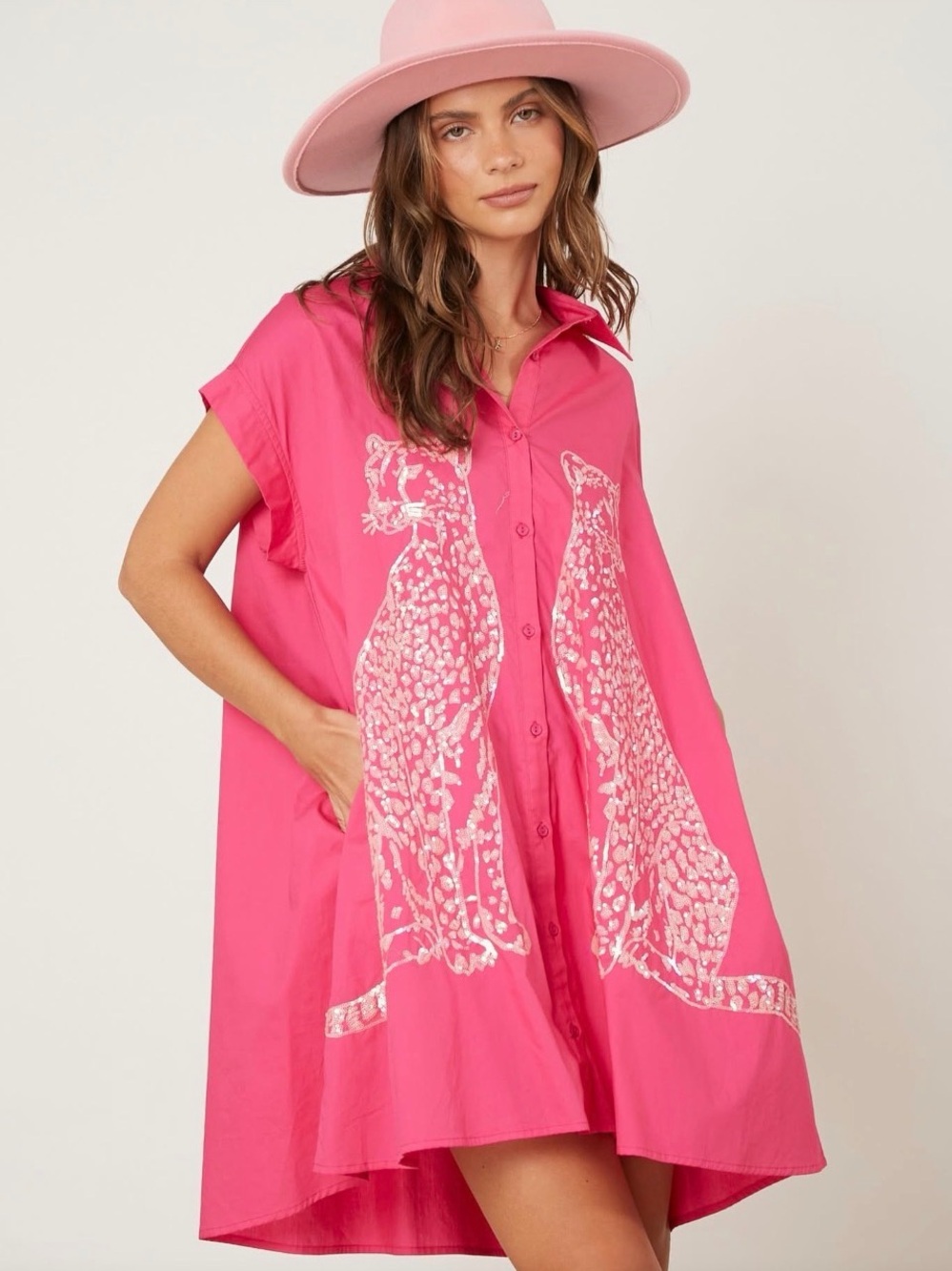 EUC Peach Love California Women’s Large Hot Pink Sequin Cheetah Tunic Mini Dress
